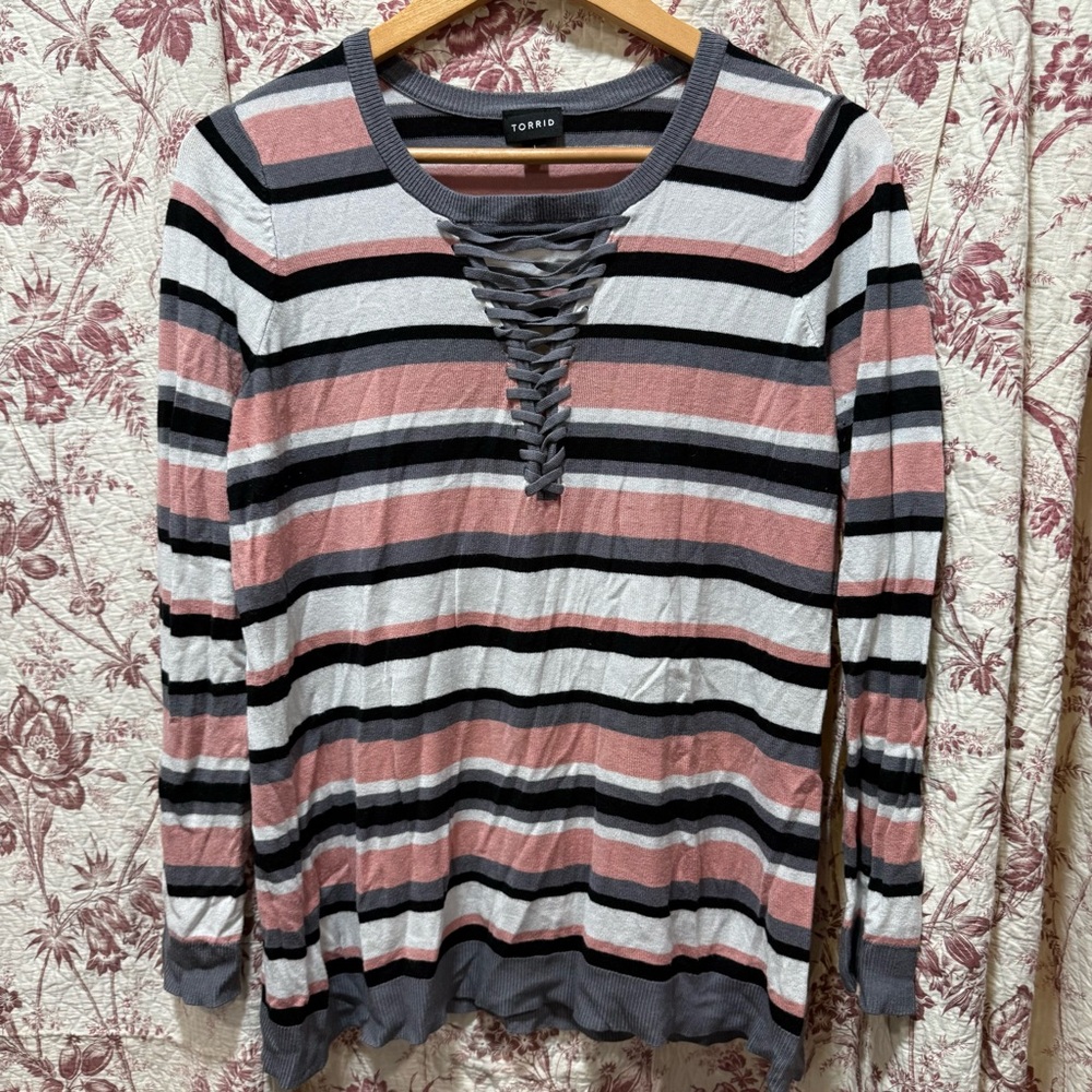 Torrid Pink Gray Black Striped Lace-Up Long Sleeve Top Size 1